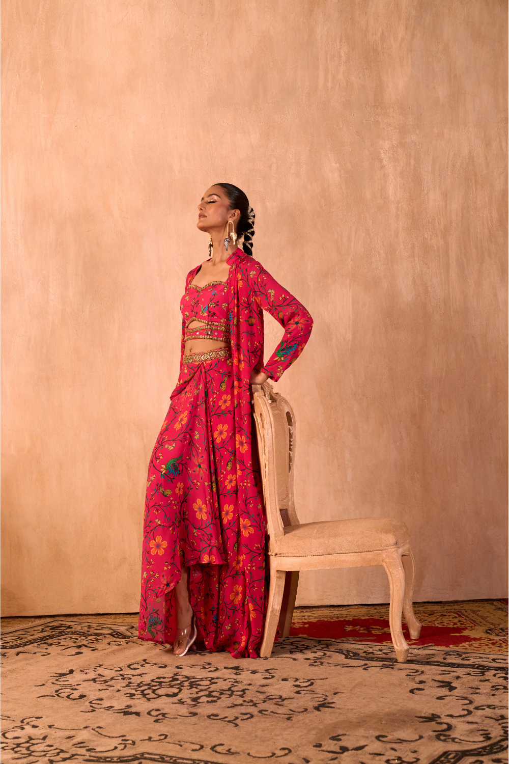 PINK PRINT EMBROIDERED CHOLI, DRAPED SKIRT AND JACKET SET