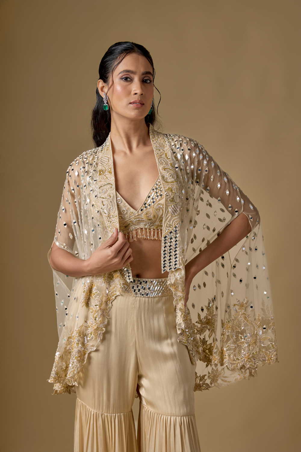 Currenta -Beige Sharara Short Cape Set with Zentangle Blouse