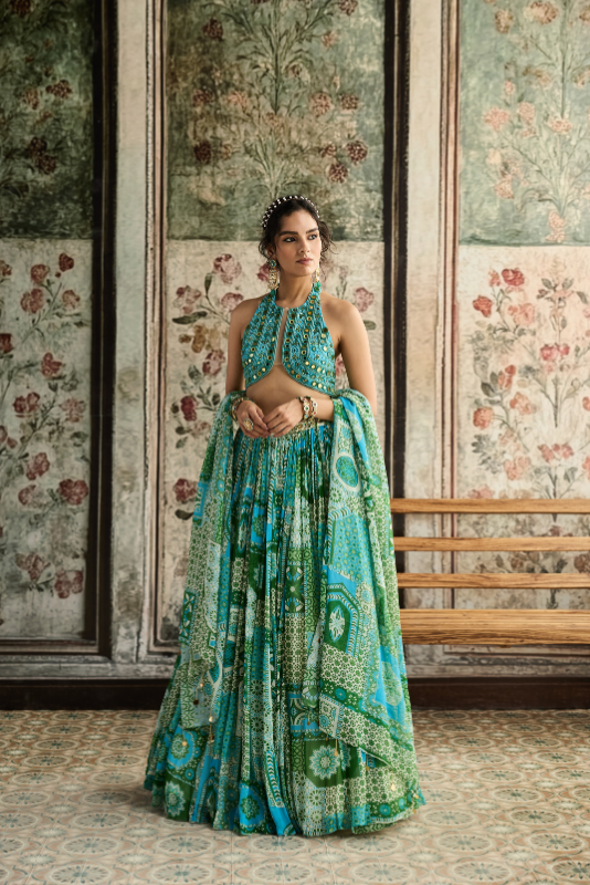 AQUA EMBROIDERED BLOUSE AND AQUA PRINT AND HIGHLIGHTED LEHENGA SET
