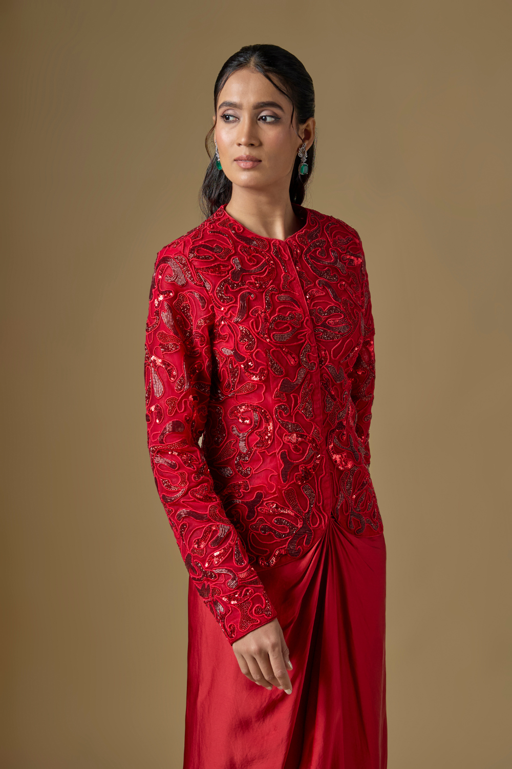Torrin- Red tulle hand embroidered jacket paired with satin organza drape.