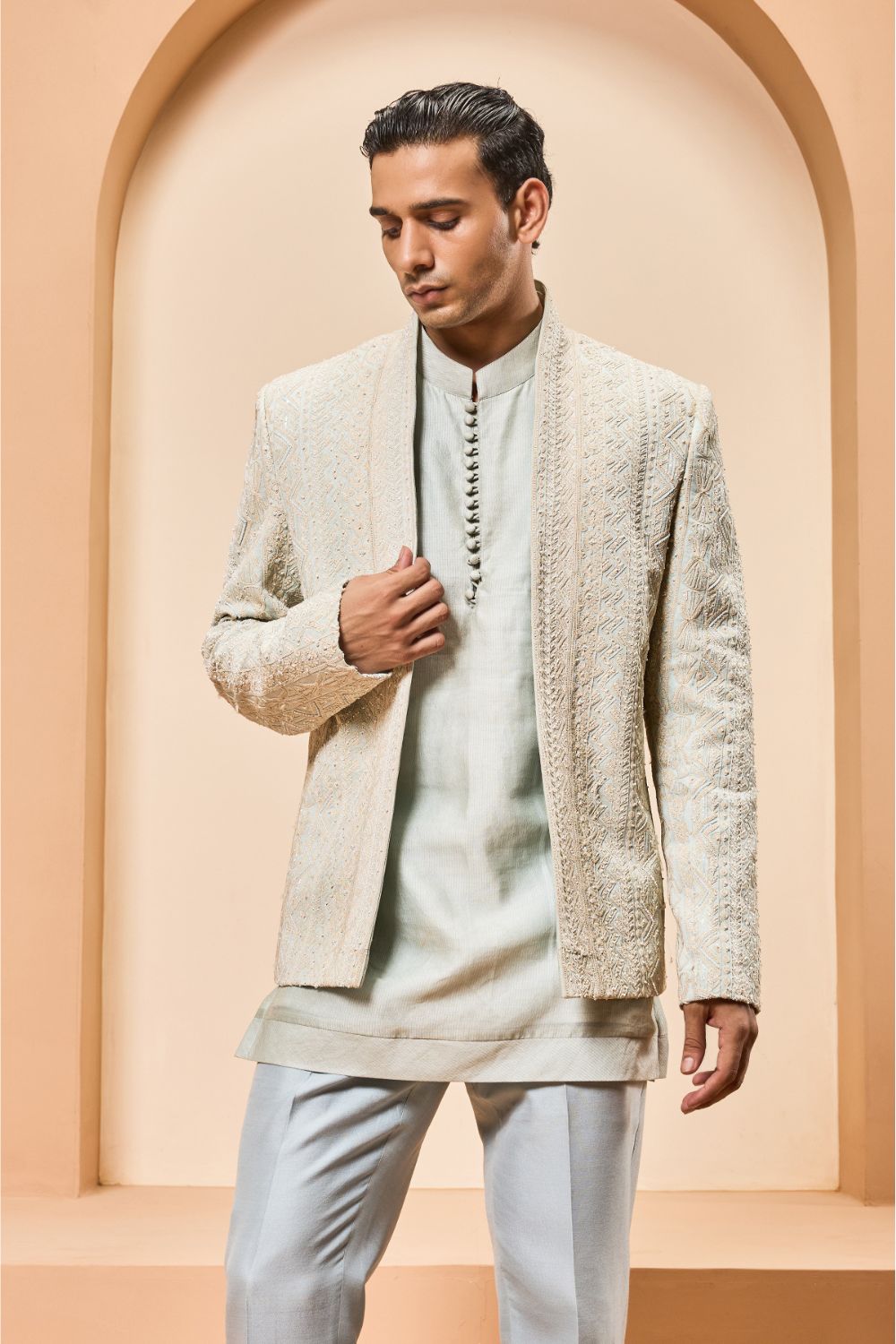 Powder blue open bandhgala   with thread , sequins & pearl  work