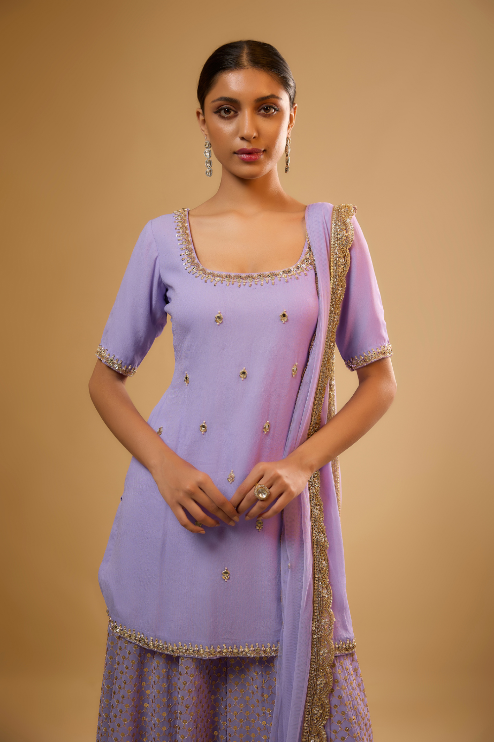 Lavender georgette kurta sharara set with gold mirrors and sequins embroidery