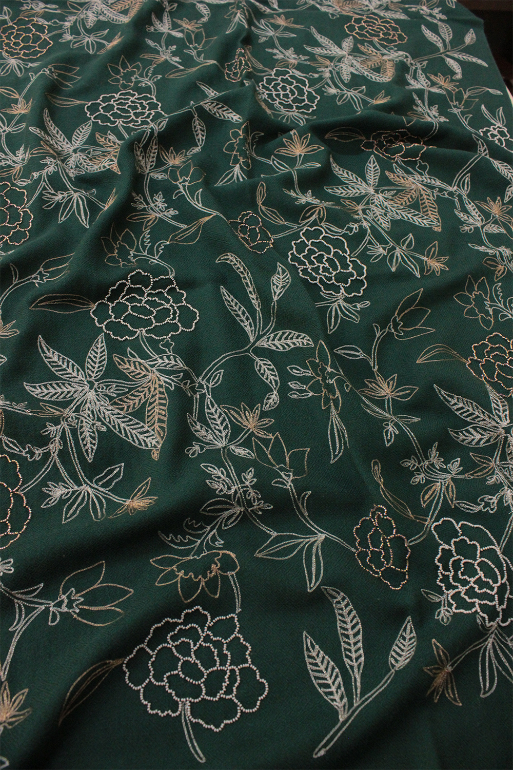 Golden Peony | Embroidered Fine Merino Wool Stole – Emerald
