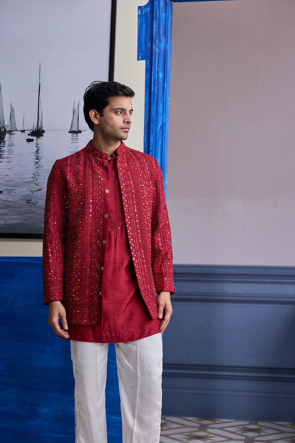 Maroon Mirror Embroidered & Thread Work Bandhgala Jacket with Kurta & Pants