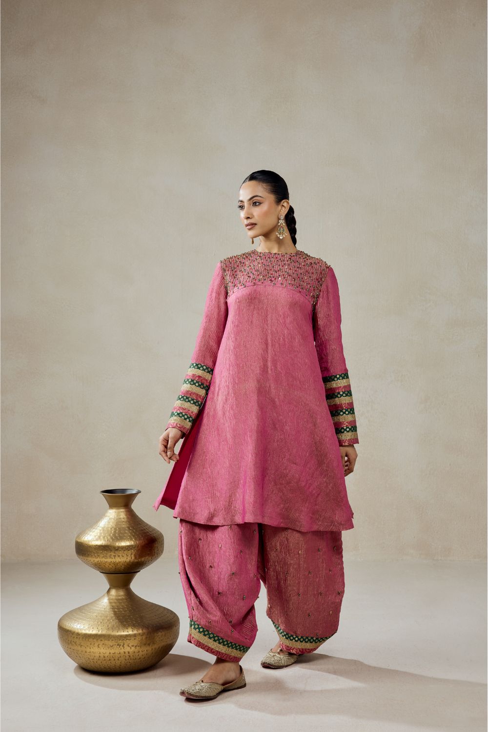 Rose Pink Crinkle Tissue Suit Salwar Set