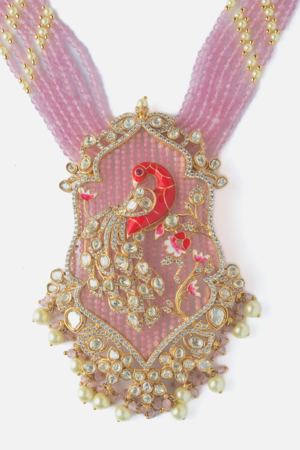 Moissanite Polki Pink Peacock Beaded Statement Necklace Set