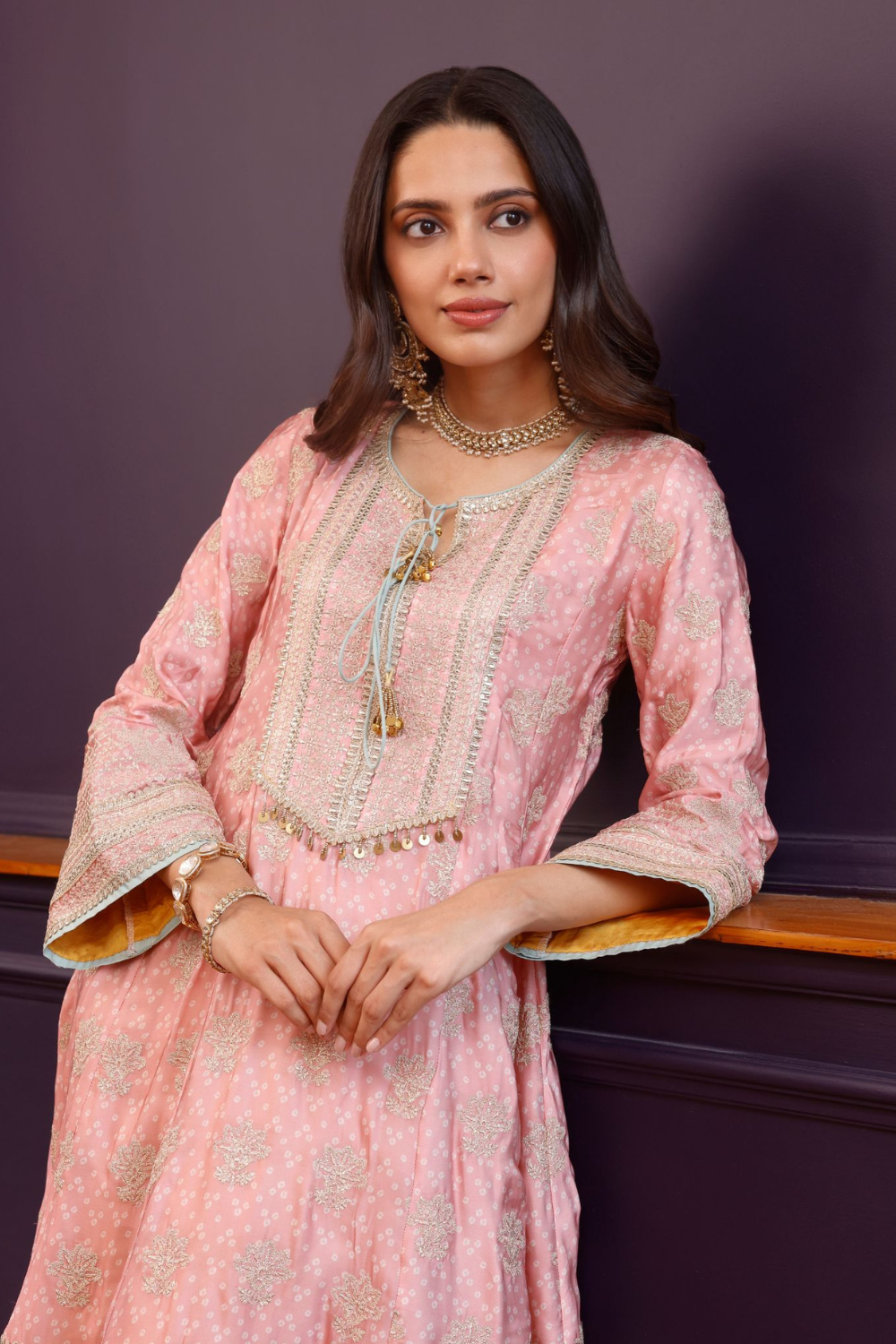 Arvini Cupro Satin Pink Anarkali Kurta Set