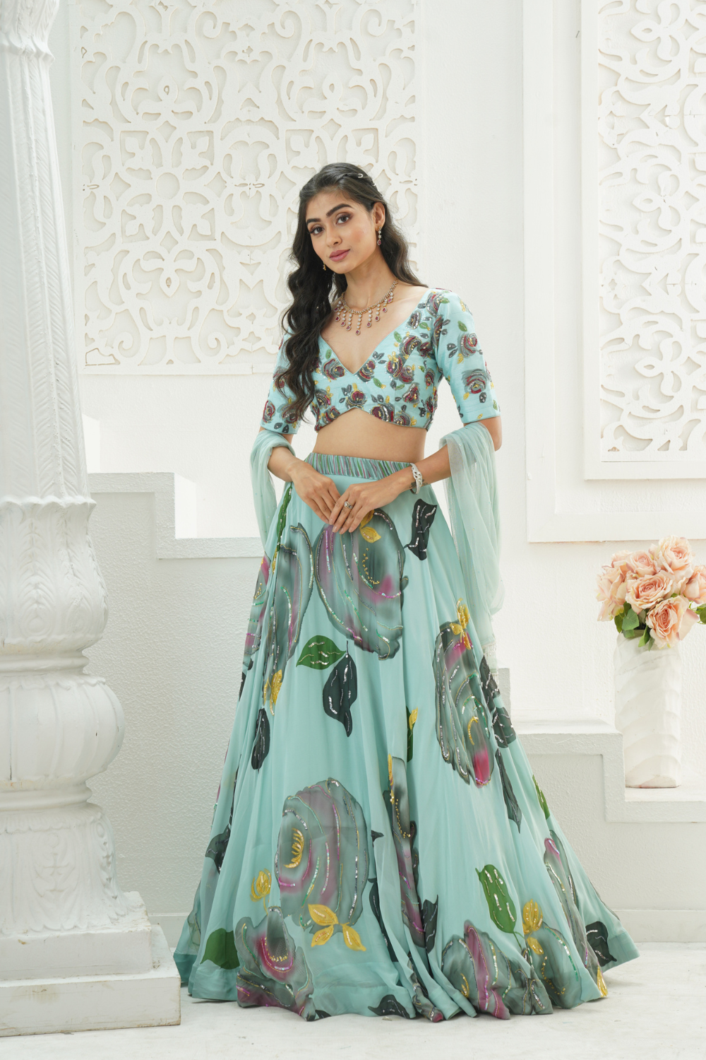 Dusty Blue hand painted lehenga set