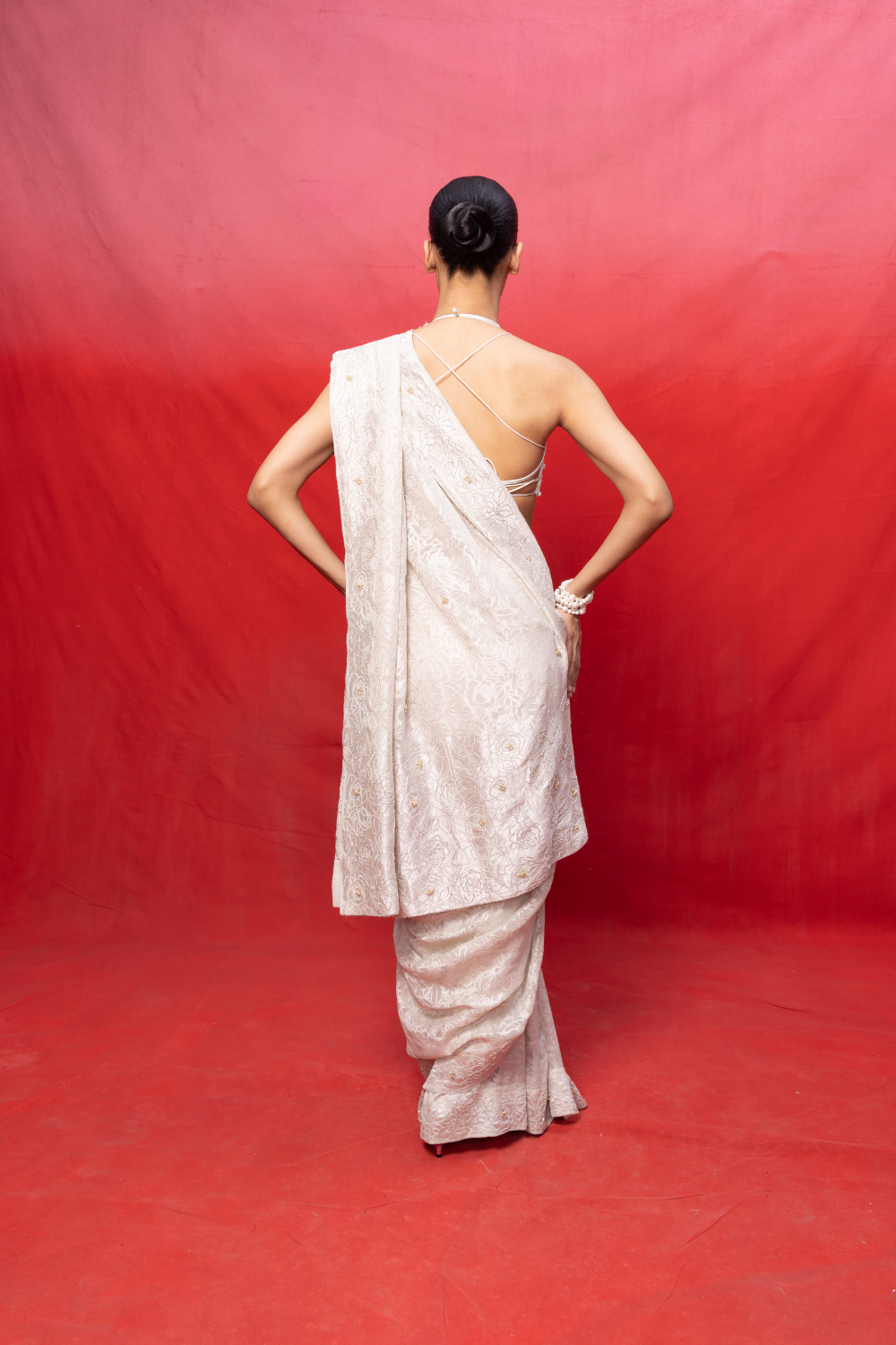 Handwoven Off-White Chiffon Embossed Saree