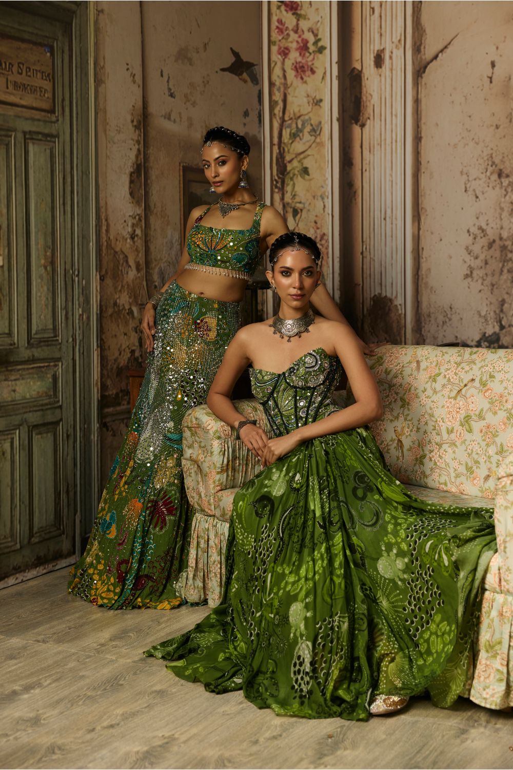 PEAR GREEN PRINTED HIGHLIGHTED BELL BOTTOM PANTS SET