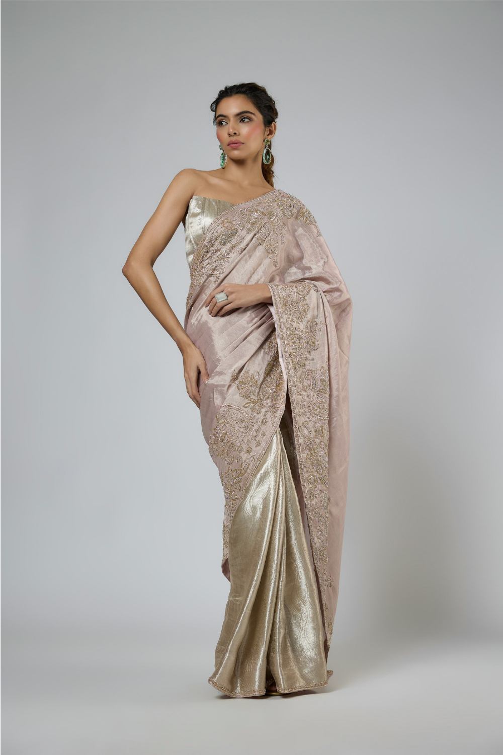 PINK AND SILVER JACQUARD ZARDOZI EMBROIDERED SAREE WITH CORSET BLOUSE