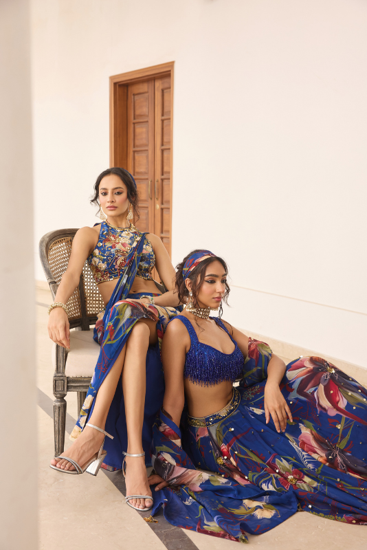 BLUE FLORAL PRINT AND HIGHLIGHTED LEHENGA SET