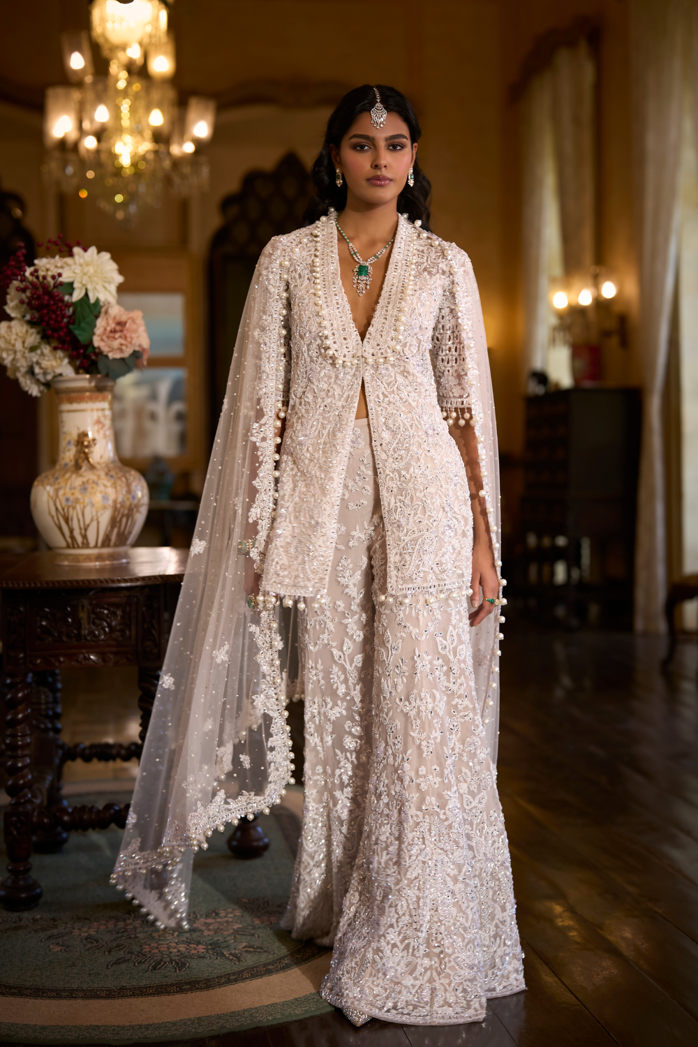 White Sequin Jacket Sharara Pant  Set