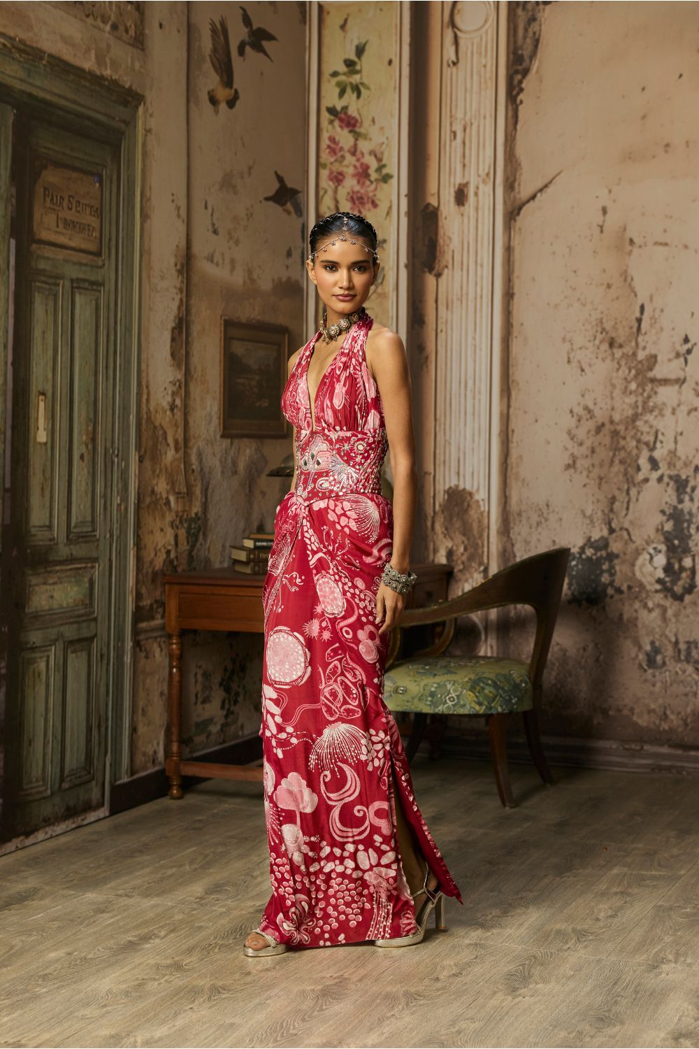 SCARLET RED PRINTED SLIT DRESS WITH HIGHLIGHTED CORSET BELT