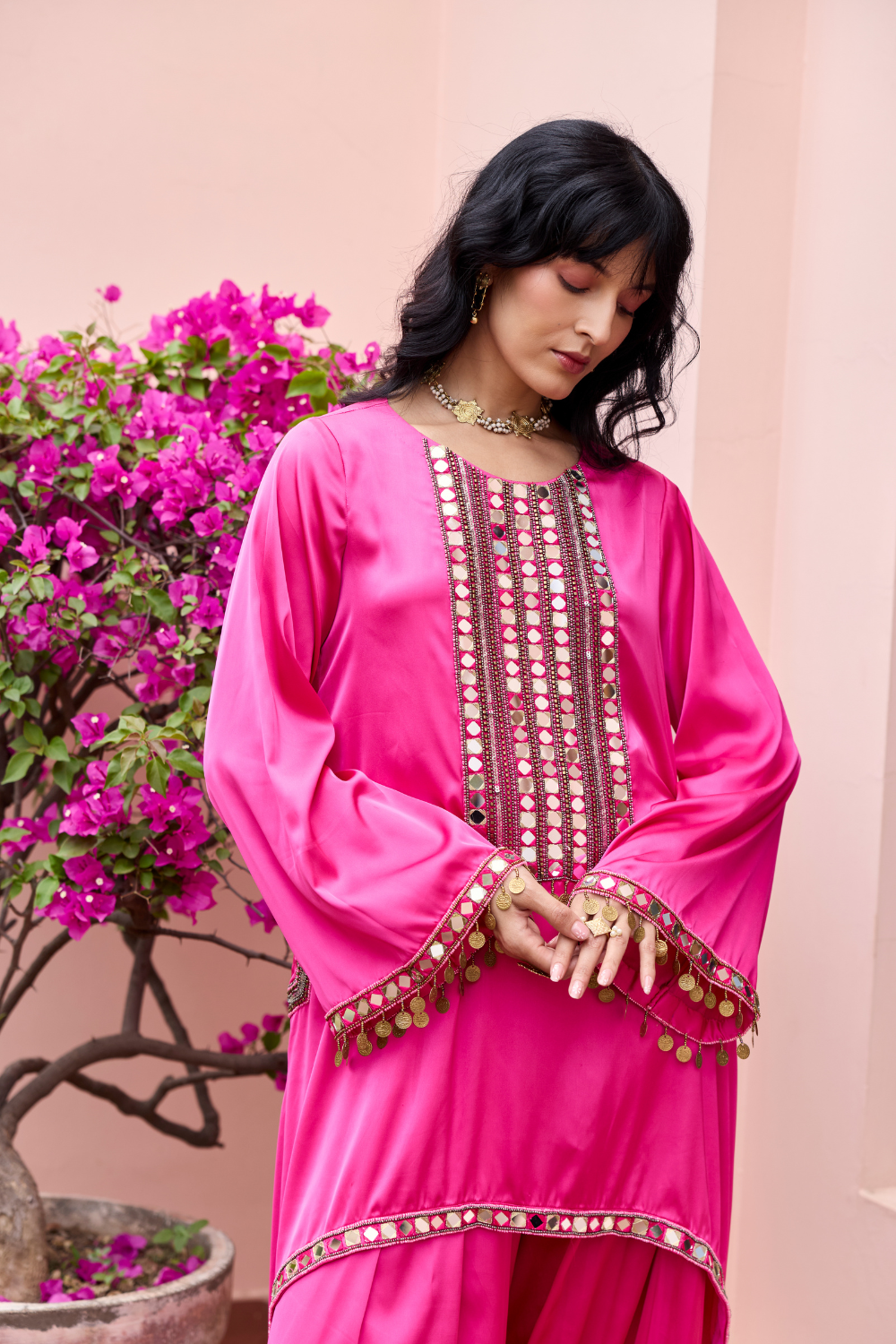 FUSCHIA PINK EMBROIDERED KURTI SET
