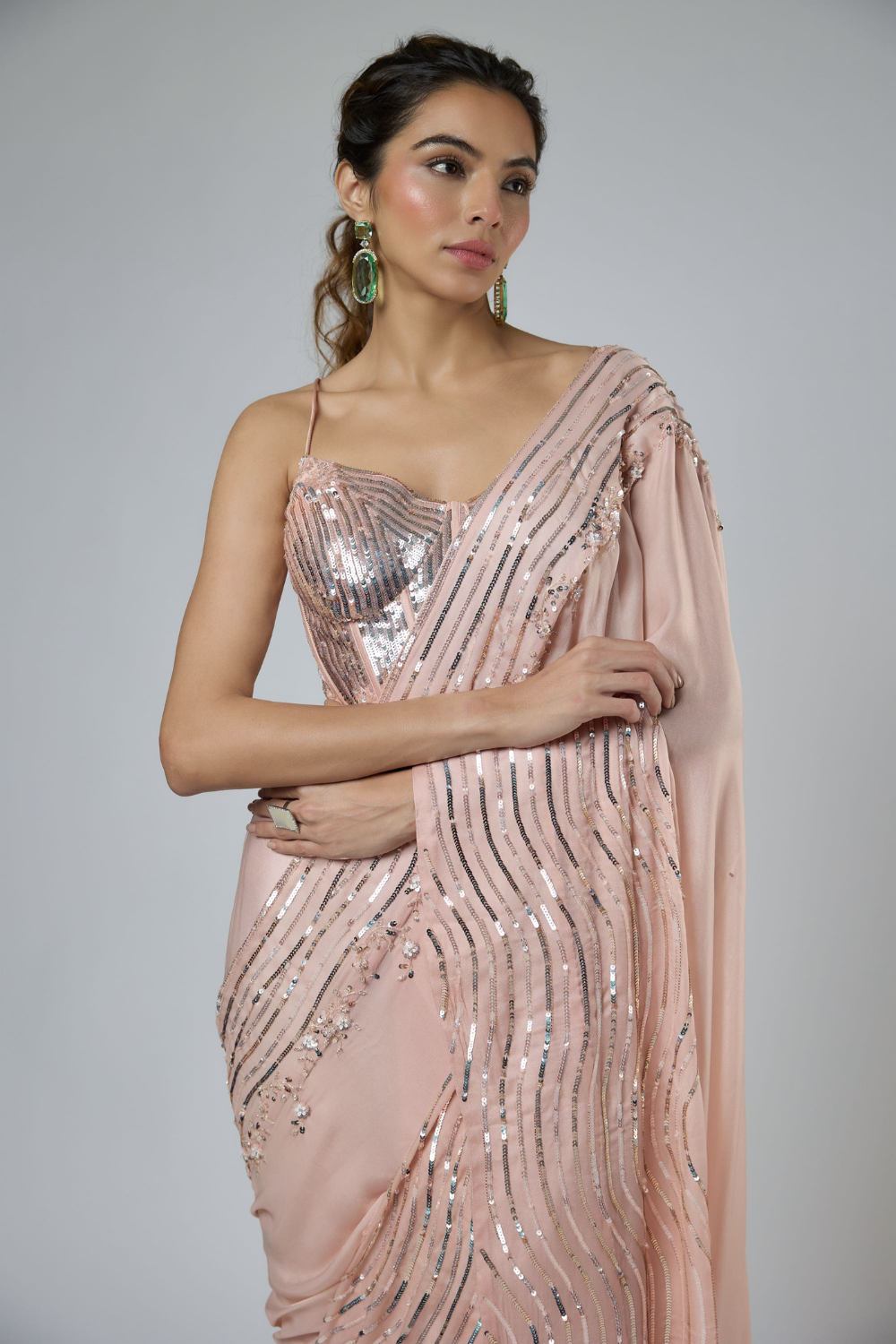 DARK PEACH INTRICATE EMBROIDERED SAREE SET