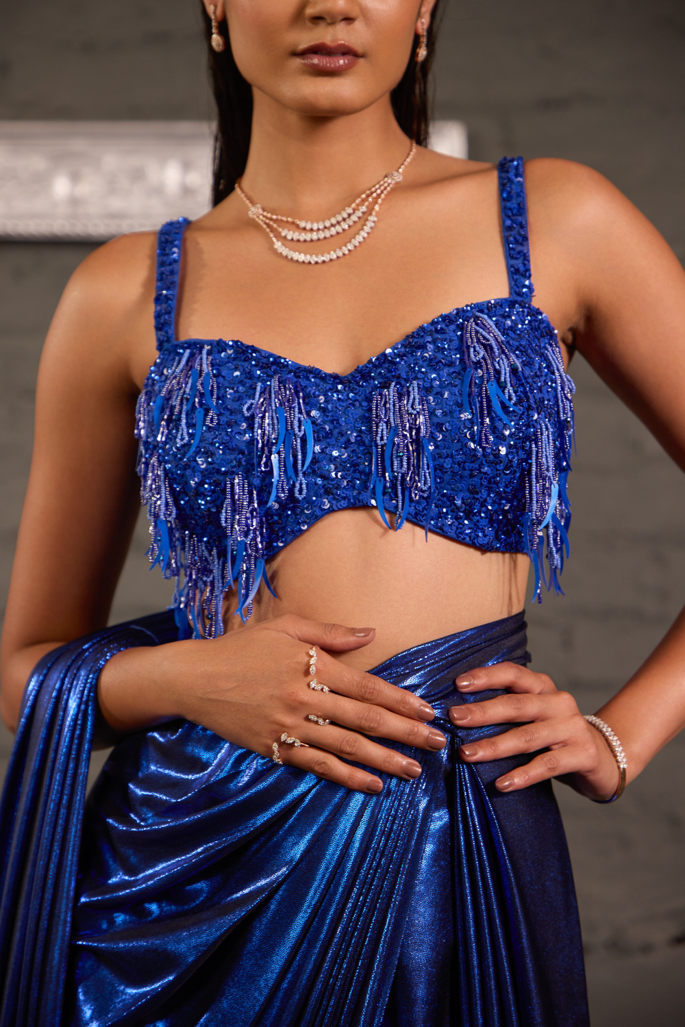 Tasseled Royal  Blue Cocktail Metallic Drape Saree Set