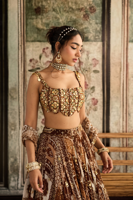 CARAMEL PRINT AND HIGHLIGHTED SCALLOP BLOUSE LEHENGA  SET
