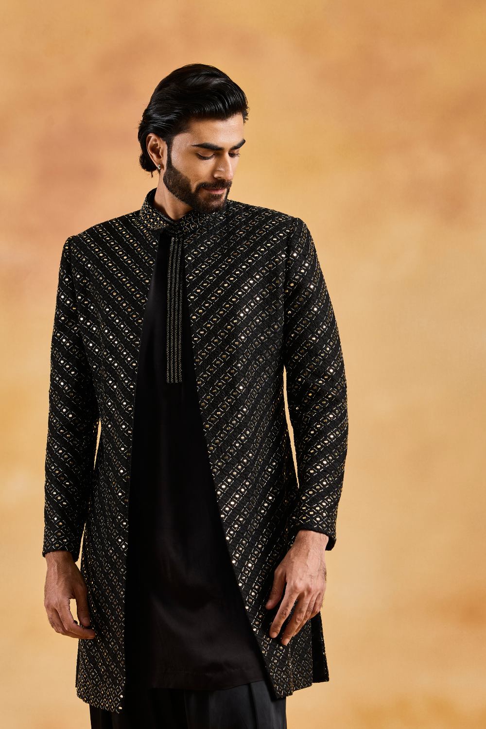 Black Open Sherwani with Kurta and Salwar