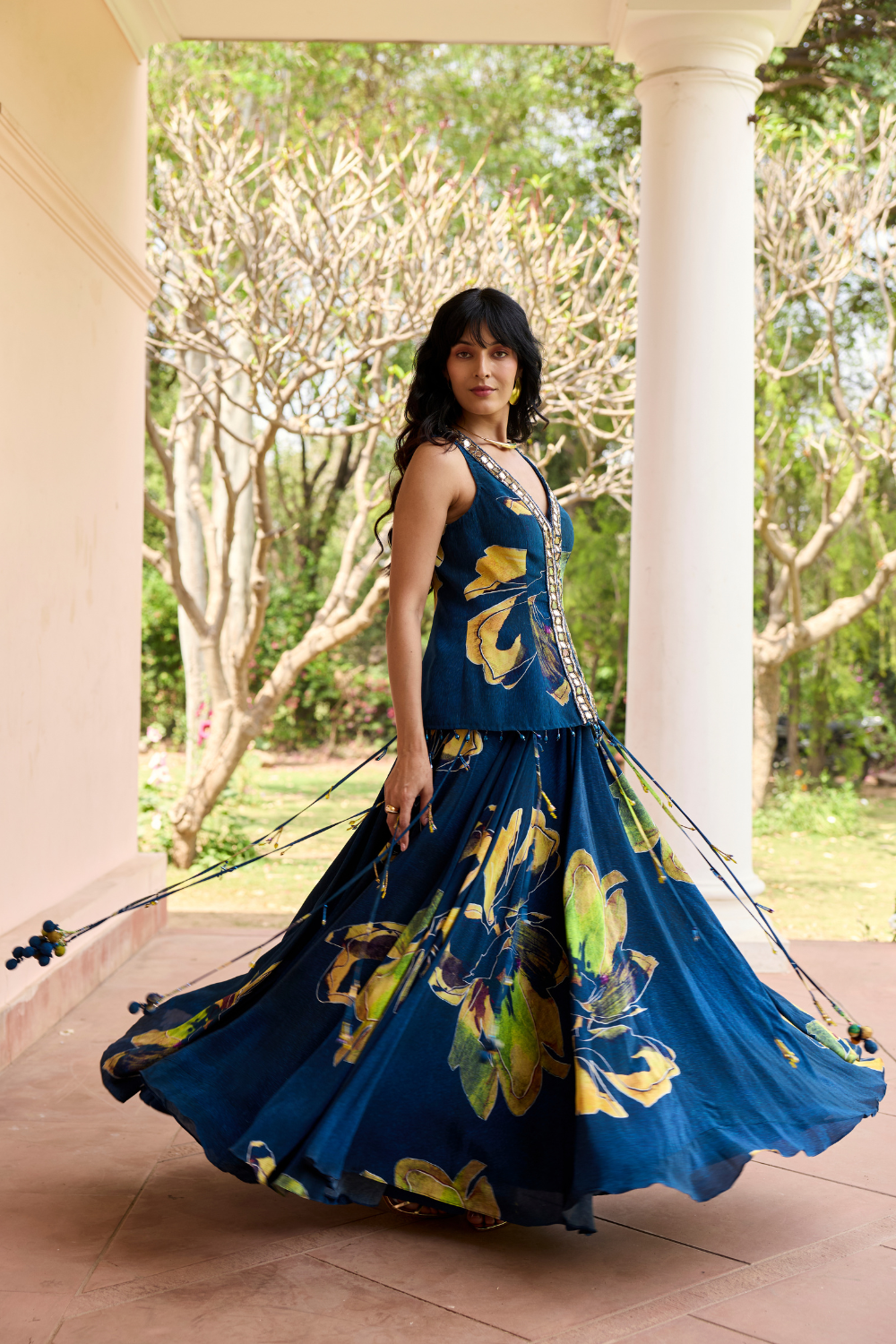 NAVYGOLD FLORAL PRINTED LEHENGA SET