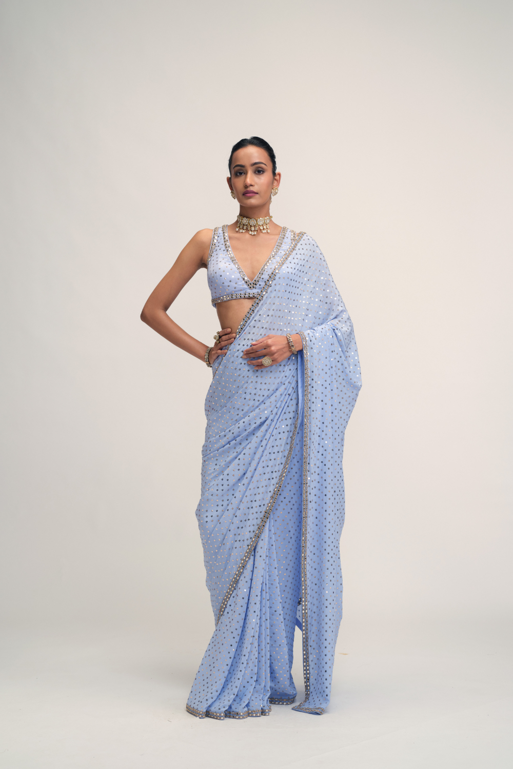 Dew Blue Sequins Embroidered Saree Set