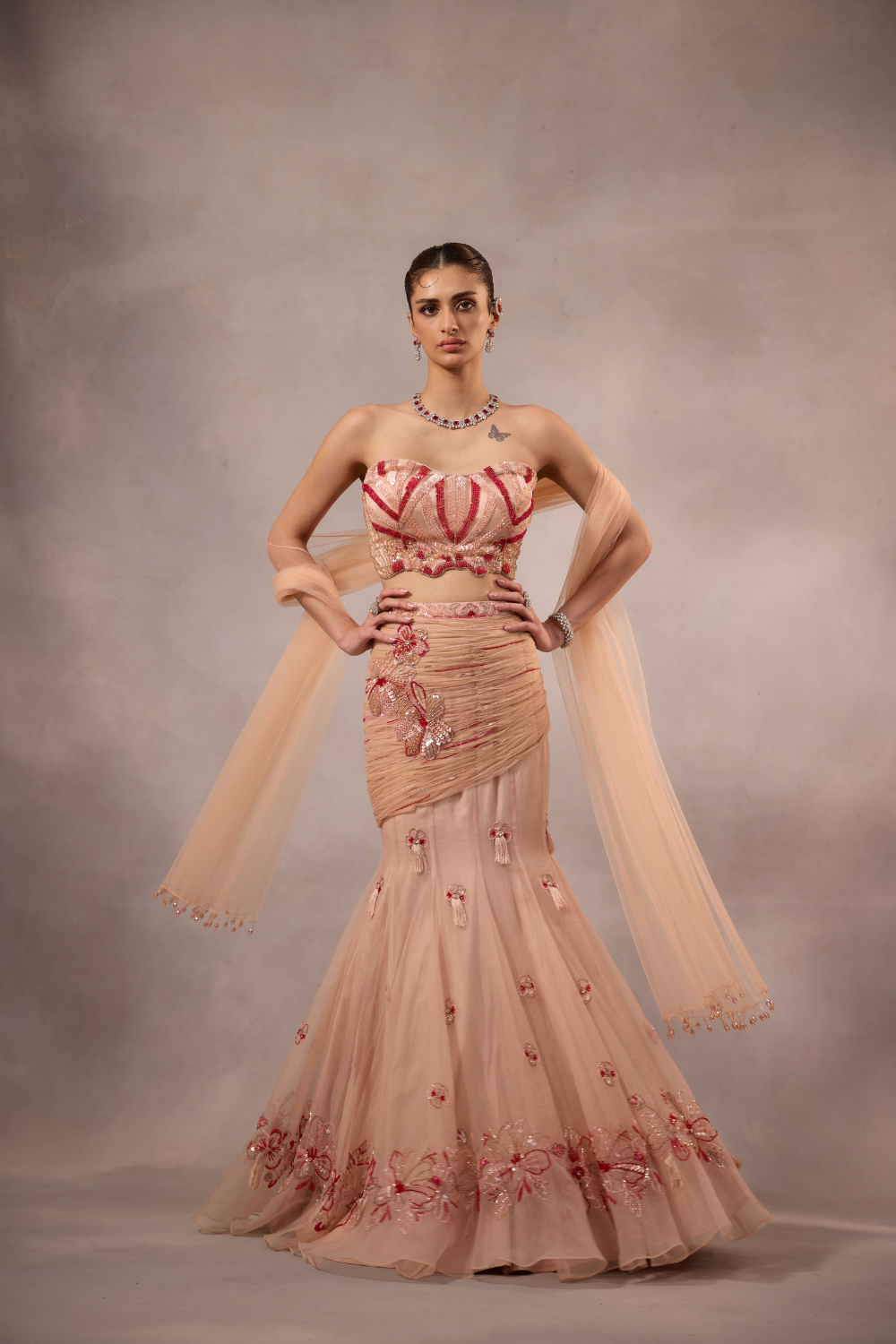 Powder Pink Embroidered Fishcut Drape Lehenga with Blouse -set of 3