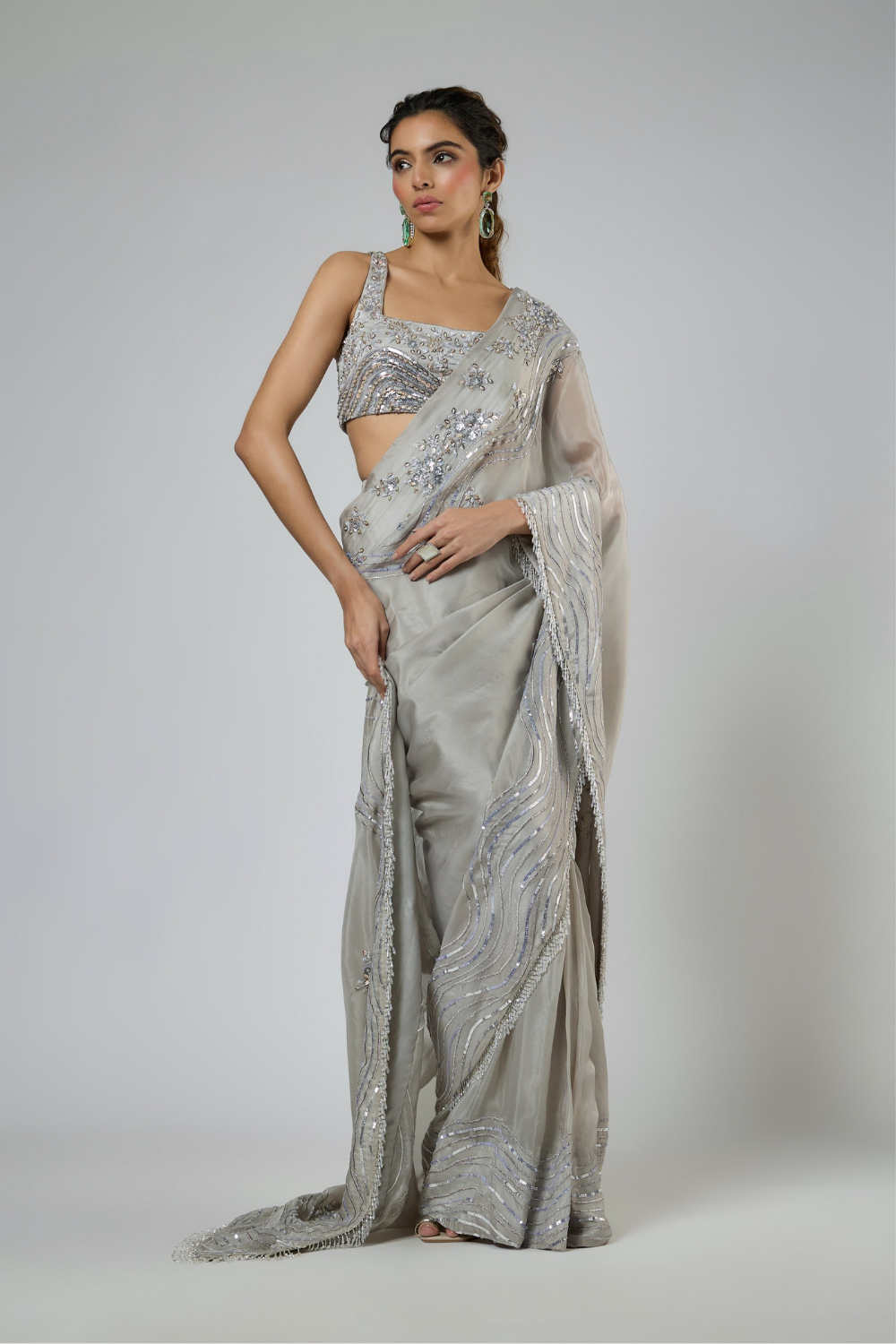 GREY HEAVY INTRICATE EMBROIDERED SAREE SET