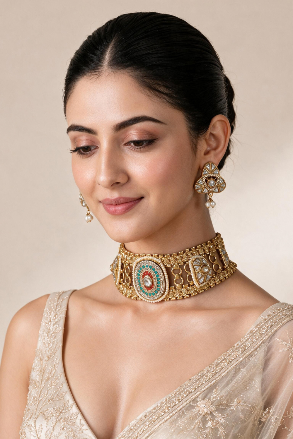 Multicoloured  Handcrafted Jadau Kundan Choker Set with Pearl Accents