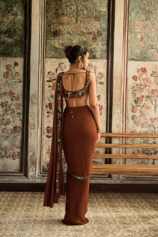CARAMEL EMBROIDERED PRE-DRAPED  SAREE SET