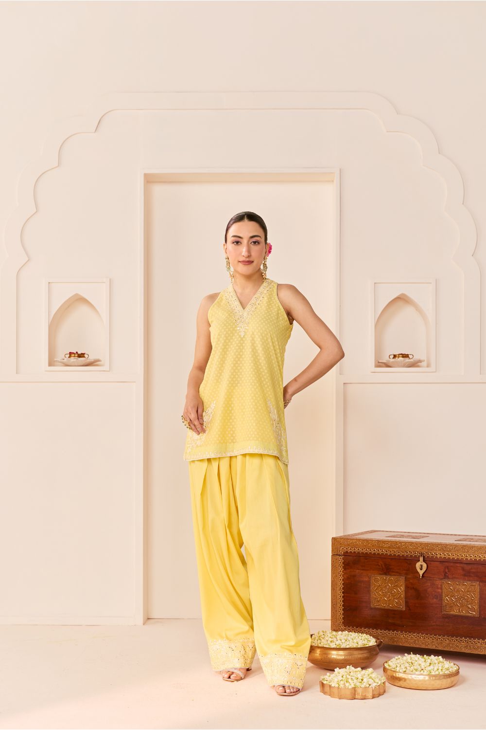 MIRAL - LEMON YELLOW SHORT KURTA WITH FARSI SALWAR AND DUPATTA