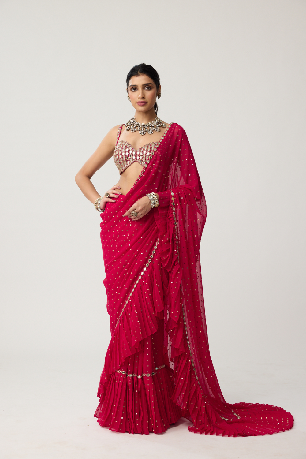 Crimson Red Ruffle Sequins Mirror Saree Set