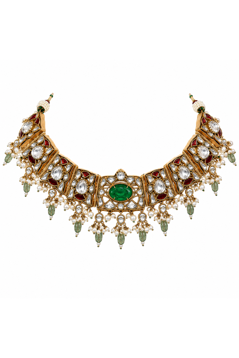 Sage Green Semi-Precious Stone Kundan Choker Set with Ruby Accents & Pearl Drops