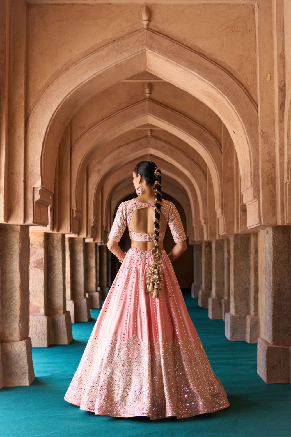 KESAR — Carrot Pink Raw Silk Lehenga Set