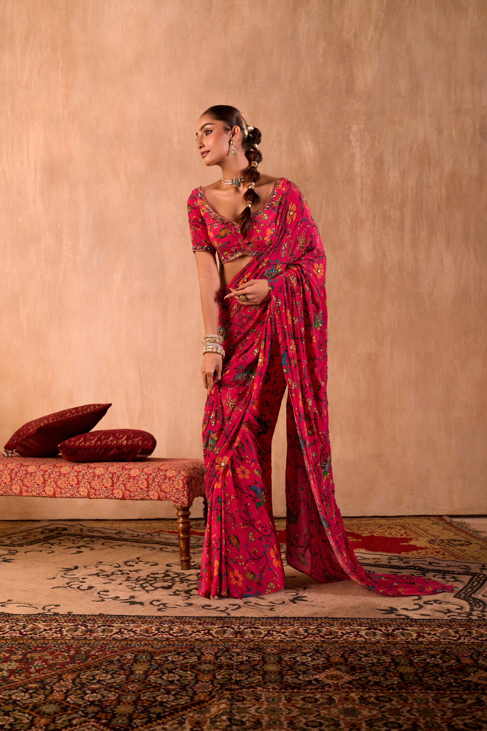 PINK PRINT CHOLI WITH EMBROIDERED SARI SET