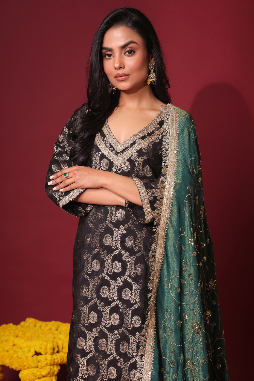 Black Brocade Kurta and Pant with dupatta