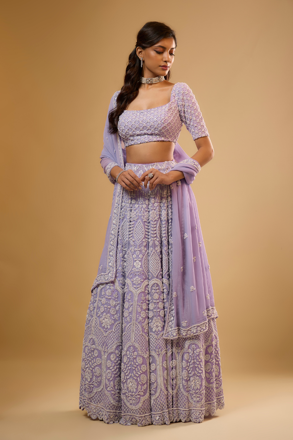 Lavender georgette lehenga set with sequins & glass beads