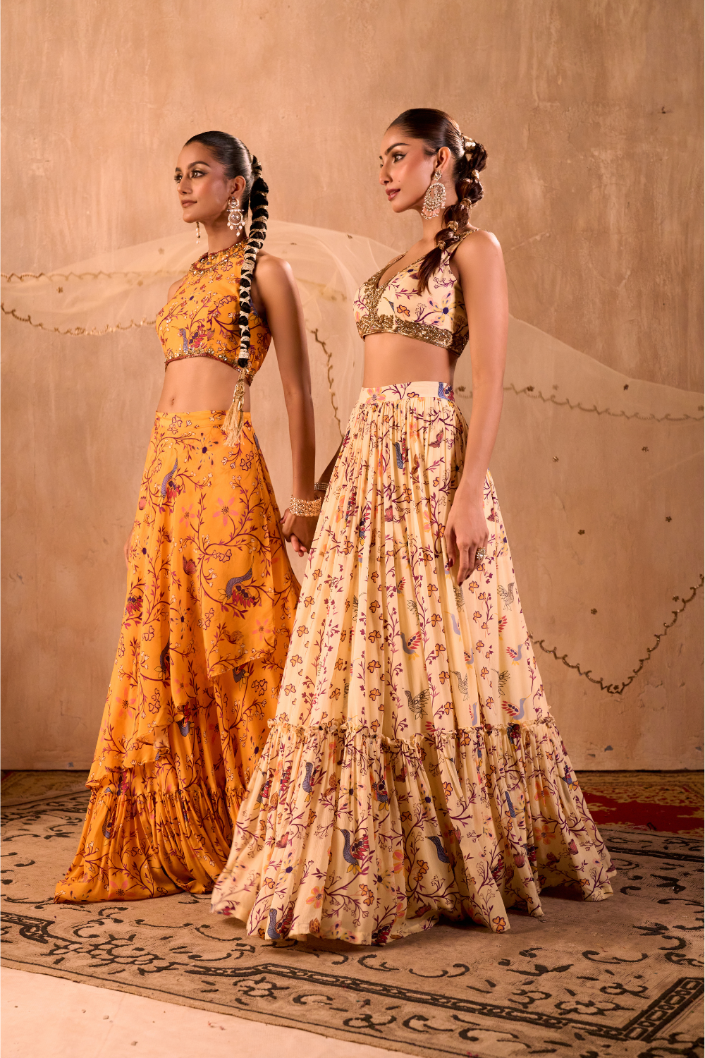 YELLOW PRINT EMBROIDERED HALTER CHOLI AND LAYERED LEHENGA SKIRT SET