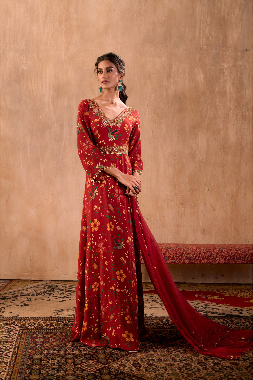 RED PRINT EMBROIDERED ANARKALI WITH DUPATTA AND BELT SET
