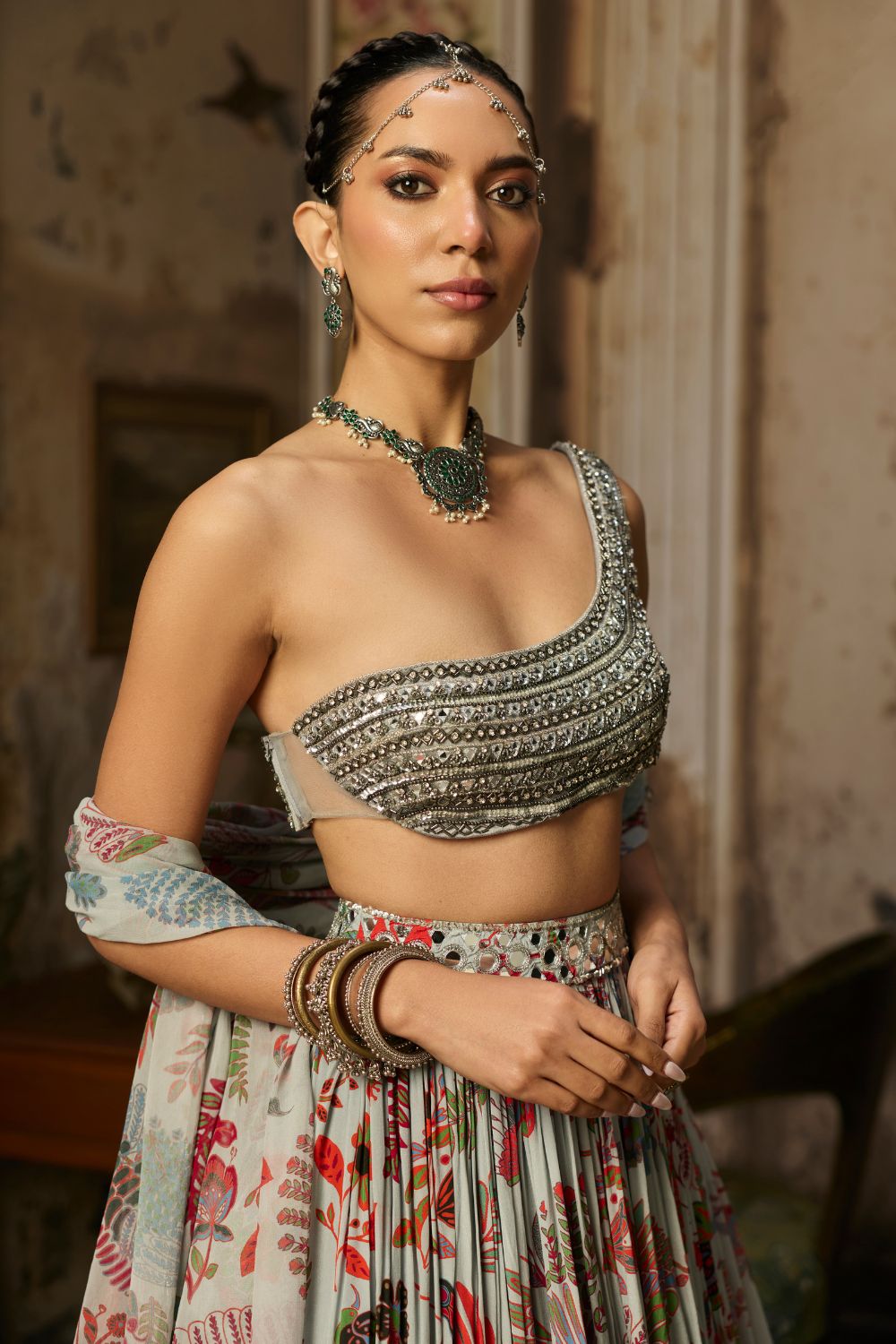 SLATE GREY EMBROIDERED BLOUSE WITH PRINTED LEHENGA SET