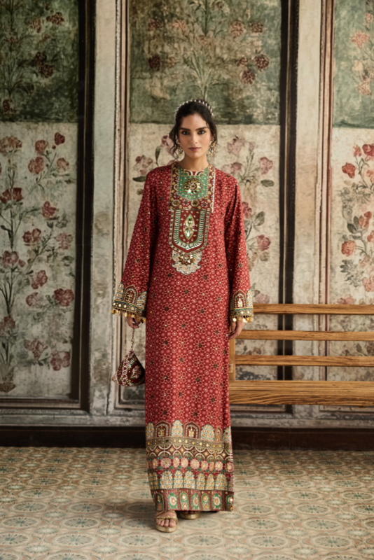 SAGE-MAROON PRINT AND HIGHLIGHTED  KAFTAN