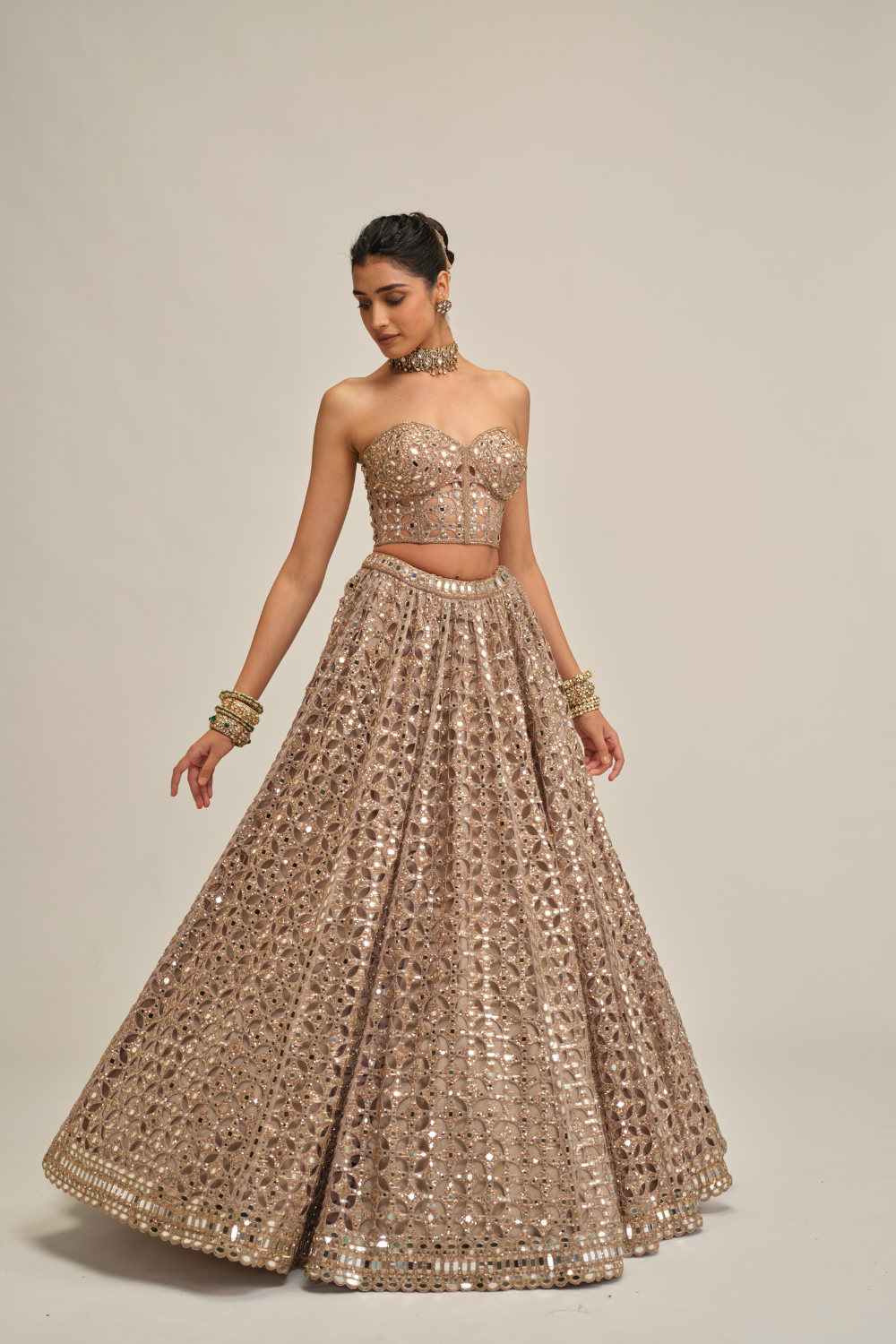 Ash Pink Circular Cutwork Crop Top Skirt Set