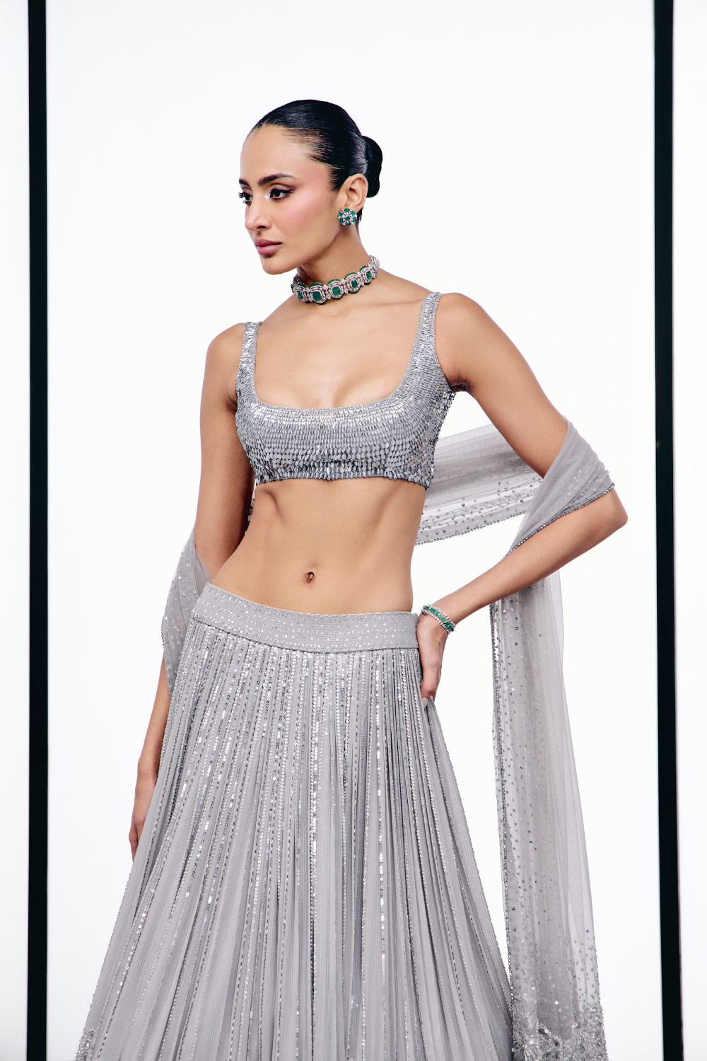 Grey floral cutwork lehnga set