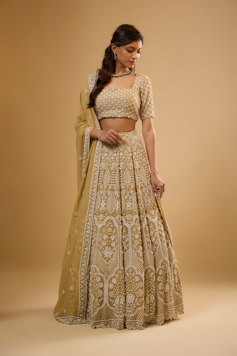 Gold georgette lehenga set with sequins & glass beads