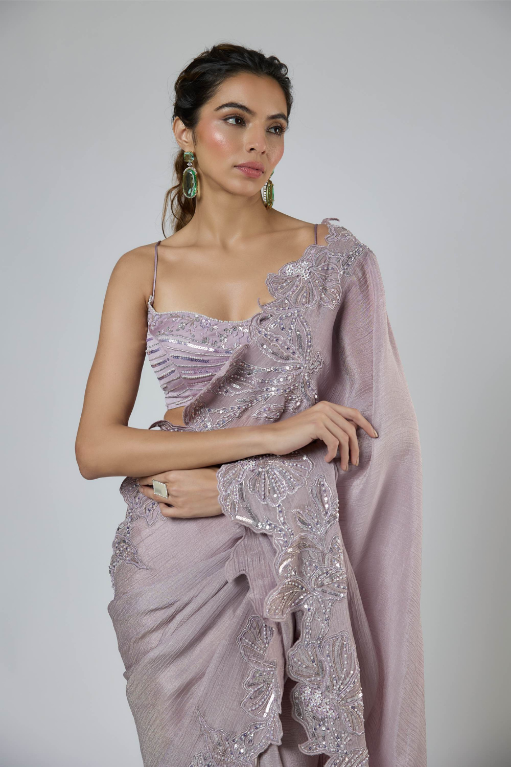 DUSTY LILAC AND PINK OMBRE CUT WORK INTRICATE EMBROIDERED SAREE SET