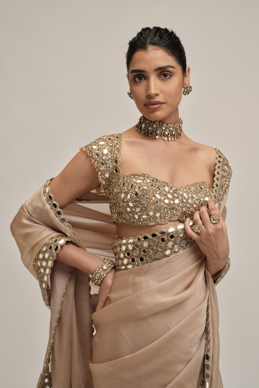 Light Beige Mirror Border Saree Set
