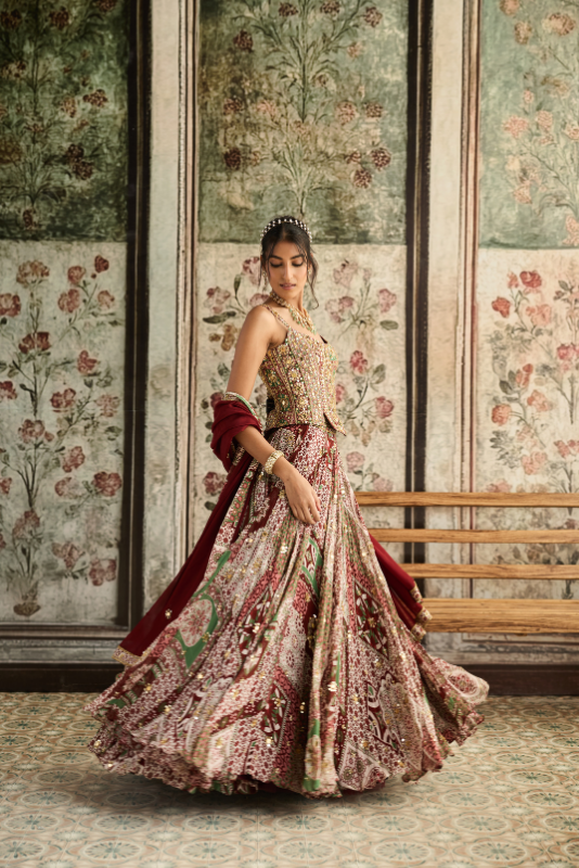 SAGE-MAROON PRINT AND HIGHLIGHTED CORSET BLOUSE LEHENGA SET