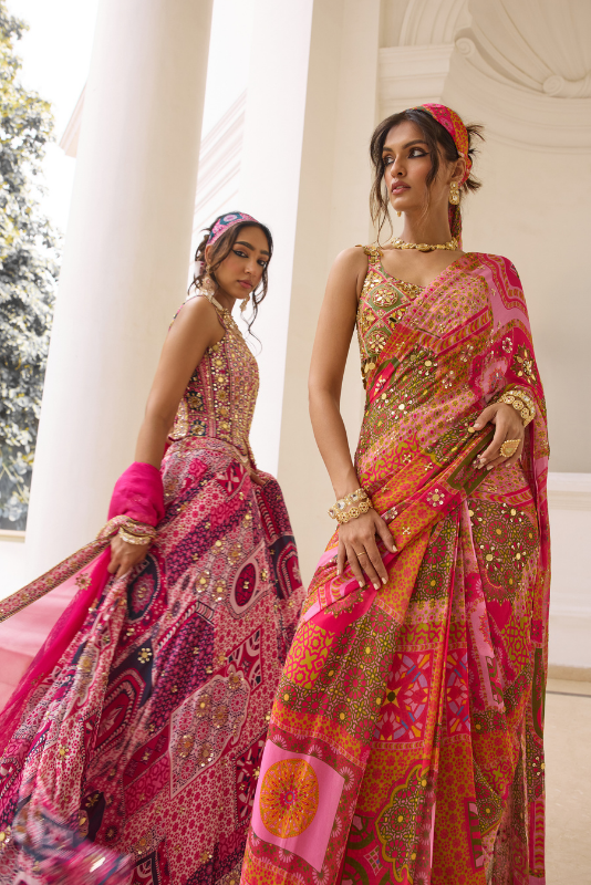 FUSCHIA PRINT AND HIGHLIGHTED CORSET BLOUSE LEHENGA SET