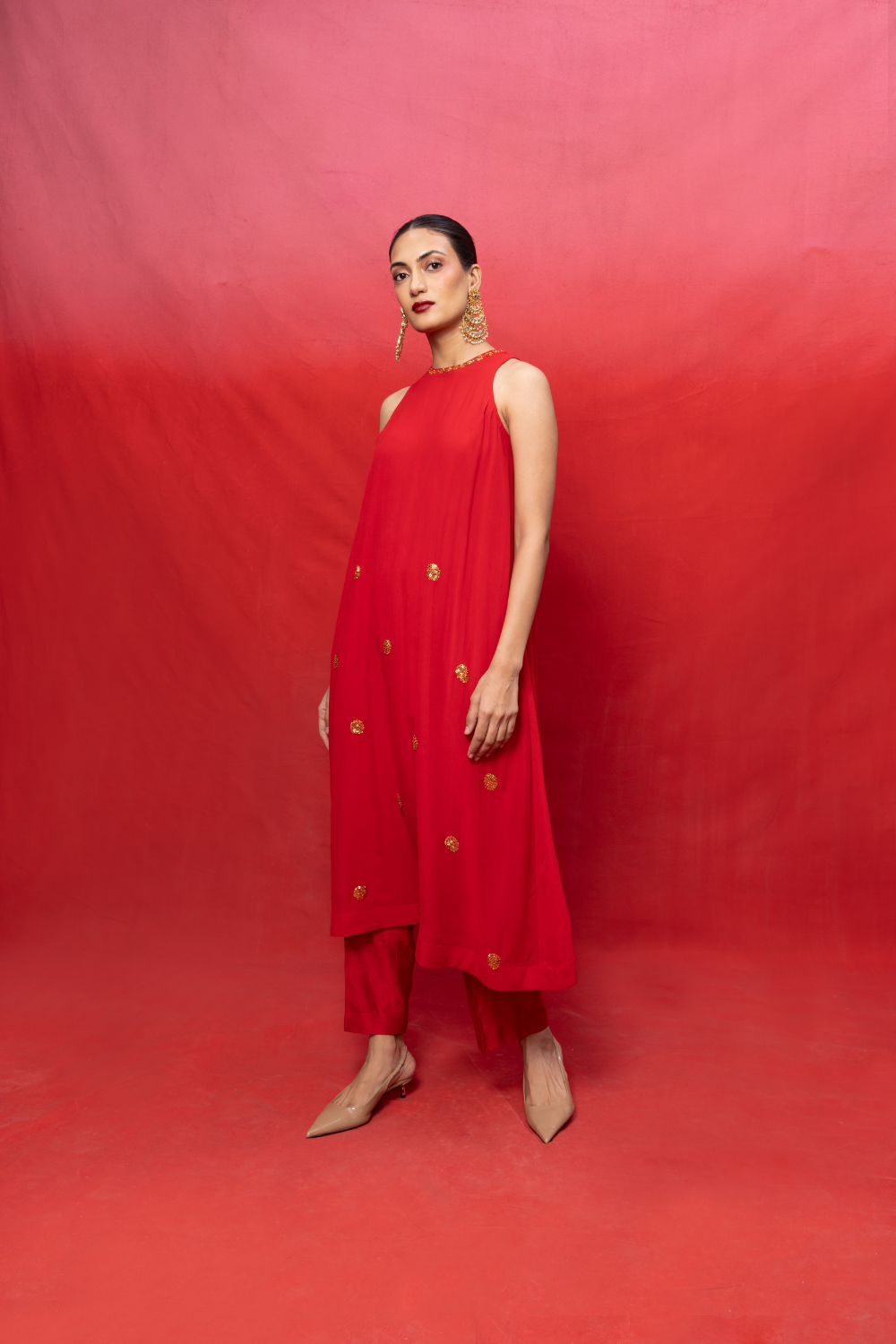 Handwoven Red Georgette Embroidered Suit Set