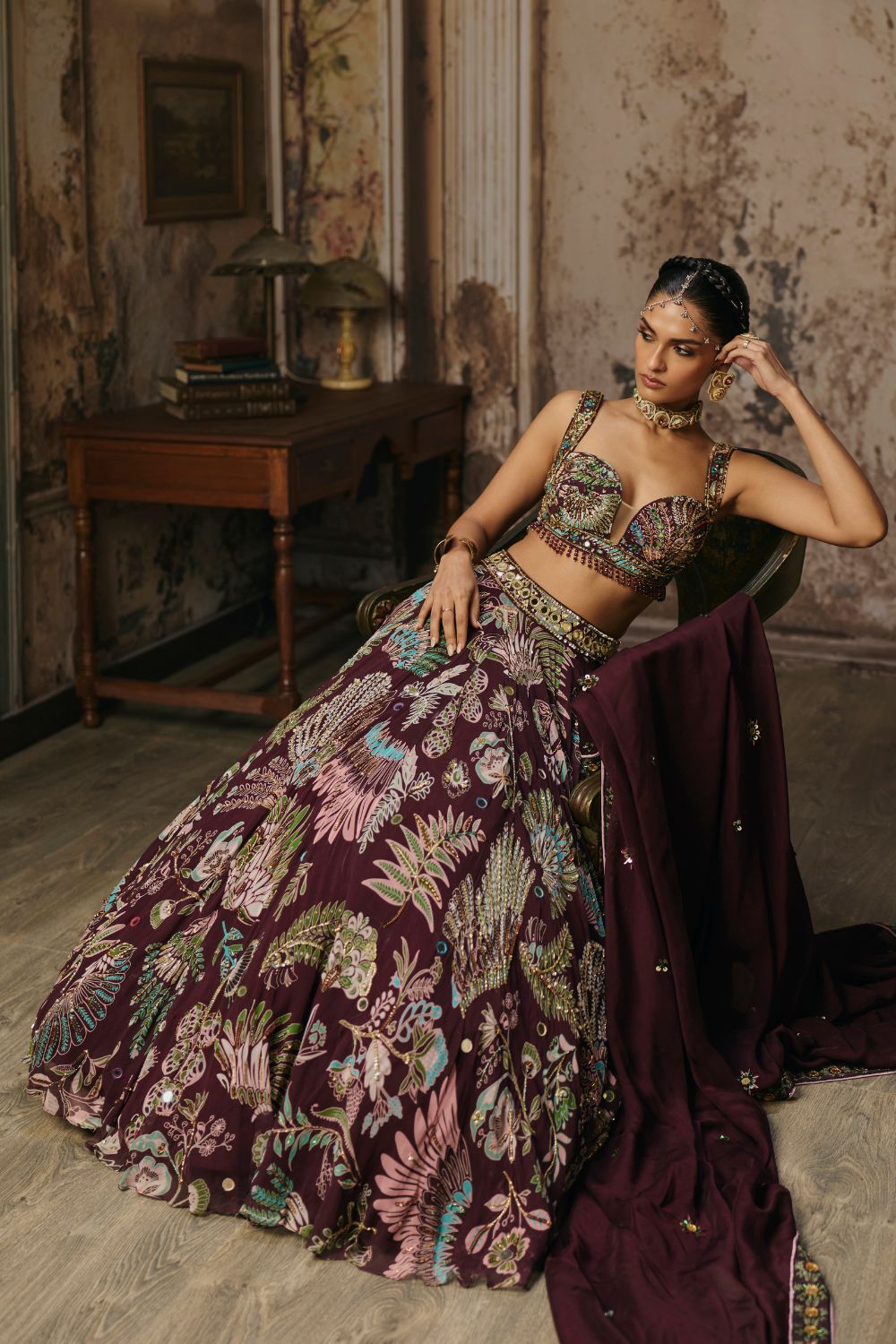 PLUM PRINTED AND HIGHLIGHTED LEHENGA SET