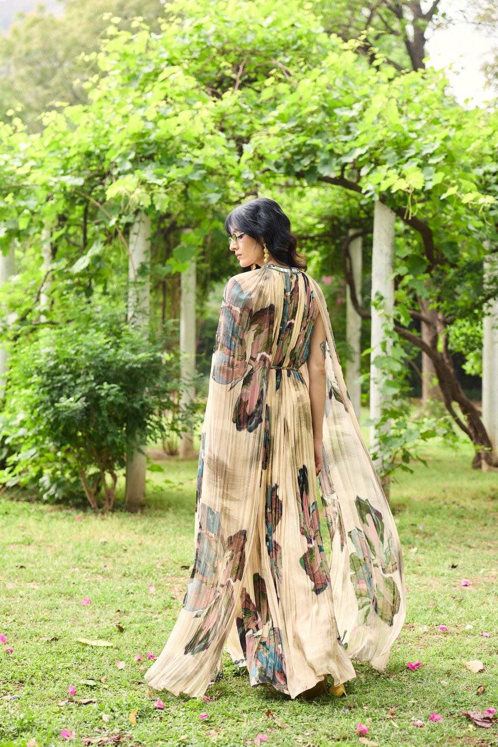 BEIGE FLORAL ROUCHED MAXI DRESS